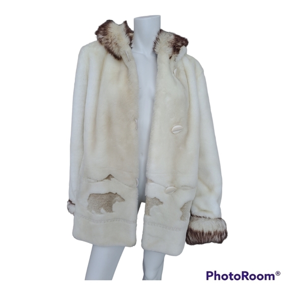 Vintage Penmans faux fur womens coat with hood, off white, Medium,bears pattern - Picture 5 of 16